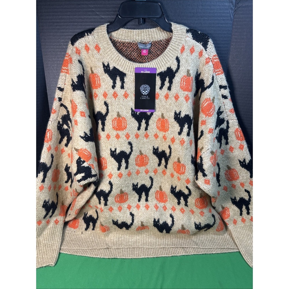 Vince Camuto Womens Halloween Black Cat Pumpkin Sweater Tan XXL NWT - Picture 5 of 5